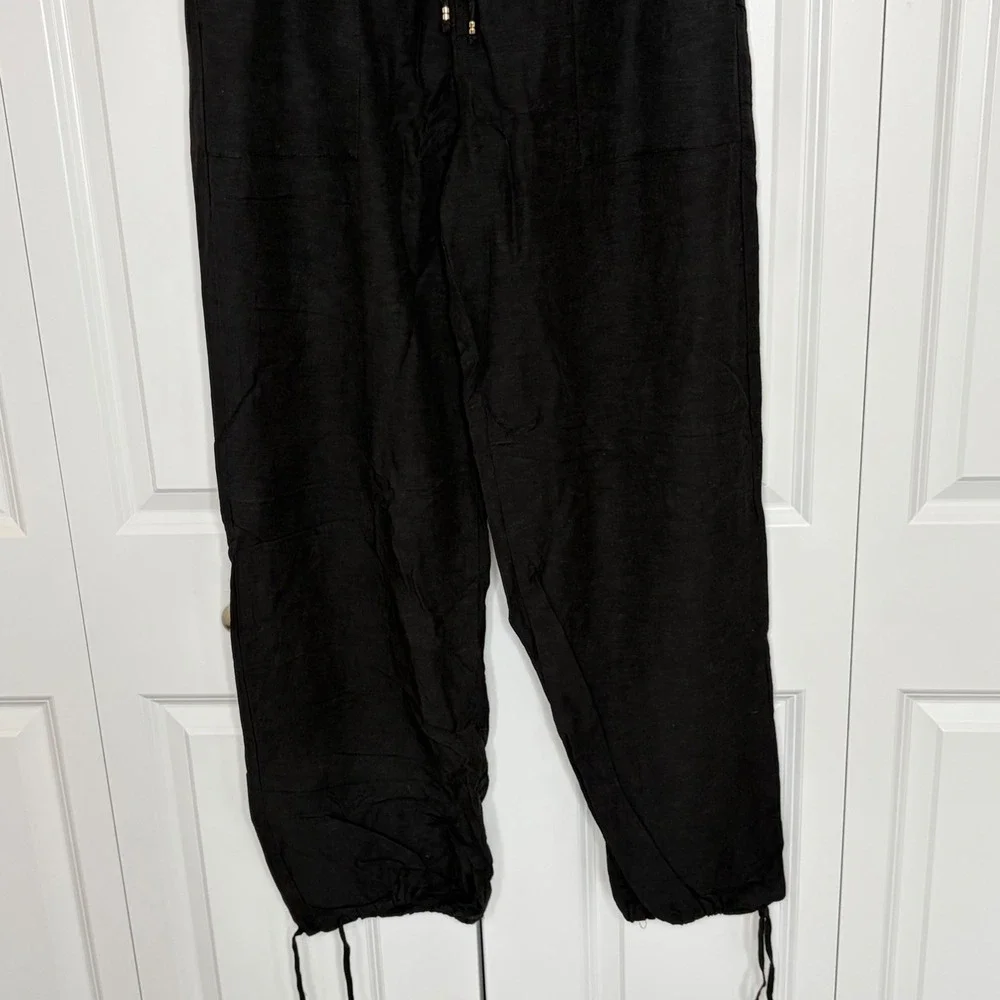 H&M Black Linen Blend Jogger Pants Medium Drawstring Relaxed Coastal